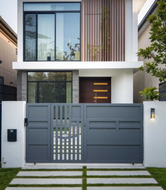 Portail gris moderne avec portillon intégré